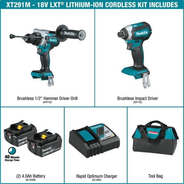 XT291M 18V LXT Lithium-Ion Brushless Cordless 2-Piece Combo Kit (Hammer Drill/Impact Driver) 4.0Ah - Image 2
