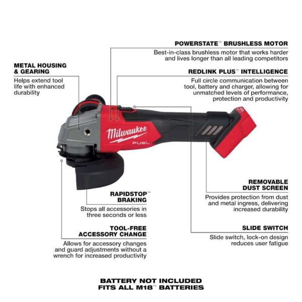 2881-20 M18 FUEL 18V Lithium-Ion Brushless Cordless 4-1/2 in./5 in. Grinder with Slide Switch (Tool-Only) - Image 7