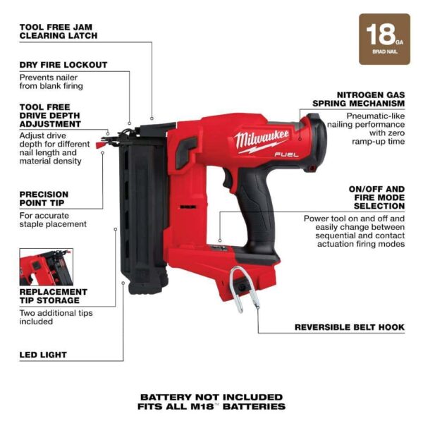 M18 FUEL 18-Volt Brushless Cordless Gen II 18-Gauge Brad Nailer (Tool-Only) with Tinted Anti Scratch Safety Glasses - Image 4
