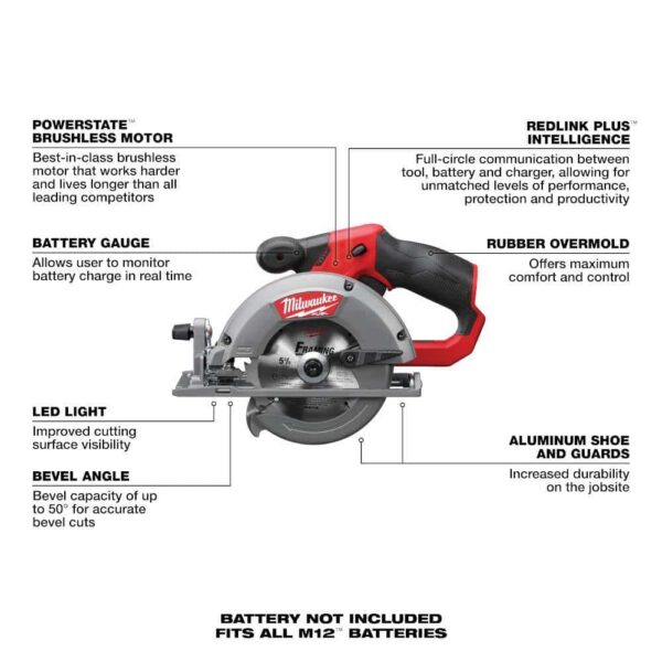 2530-20-48-59-2452S M12 FUEL 12V Lithium-Ion 5-3/8 in. Cordless Circular Saw with High Output 5.0 Ah and 2.5 Ah Batteries and Charger - Image 4