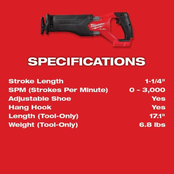 2830-20-2821-20 M18 FUEL 18V Lithium-Ion Cordless 7-1/4 in. Rear Handle Circular Saw with M18 FUEL SAWZALL Reciprocating Saw - Image 7