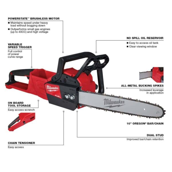 M18 FUEL 16 in. 18V Lithium-Ion Brushless Battery Chainsaw (Tool-Only) with Replacement 16 in. Chainsaw Chain - Image 3