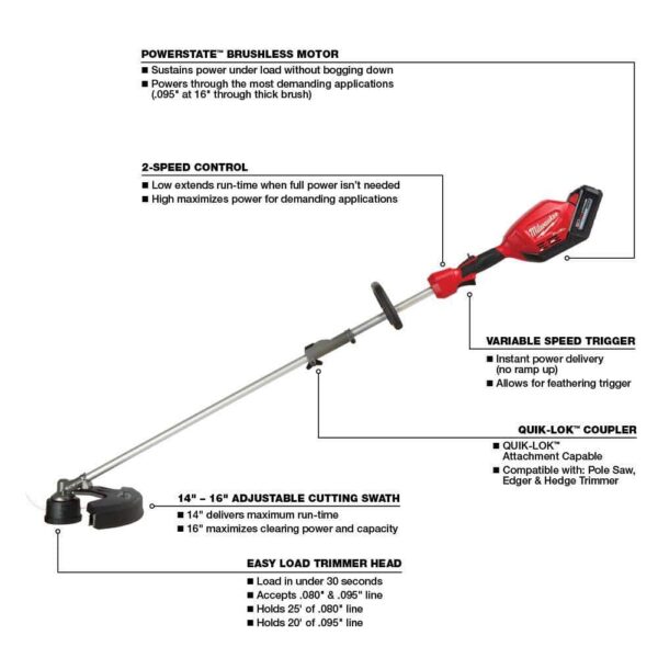 M18 FUEL 18 in. 18V Lithium-Ion Cordless Brushless Hedge Trimmer with String Trimmer, 8Ah Battery   Charger (2-Tool) - Image 4