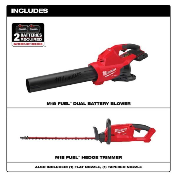 M18 FUEL Dual Battery 145 MPH 600 CFM 18V Lithium-Ion Brushless Cordless Handheld Blower with M18 FUEL Hedge Trimmer - Image 2
