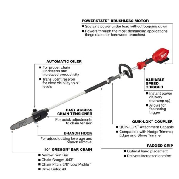 M18 FUEL 10 in. 18V Lithium-Ion Brushless Electric Cordless Pole Saw w/ M18 8 in. Edger Attachment(2-Tool) - Image 2