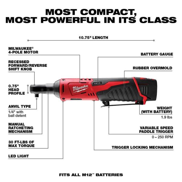 2457-21-2456-20 M12 12V Lithium-Ion Cordless 3/8 in. and 1/4 in. Ratchet Kit (2-Tool) with Battery, Charger and Bag - Image 3