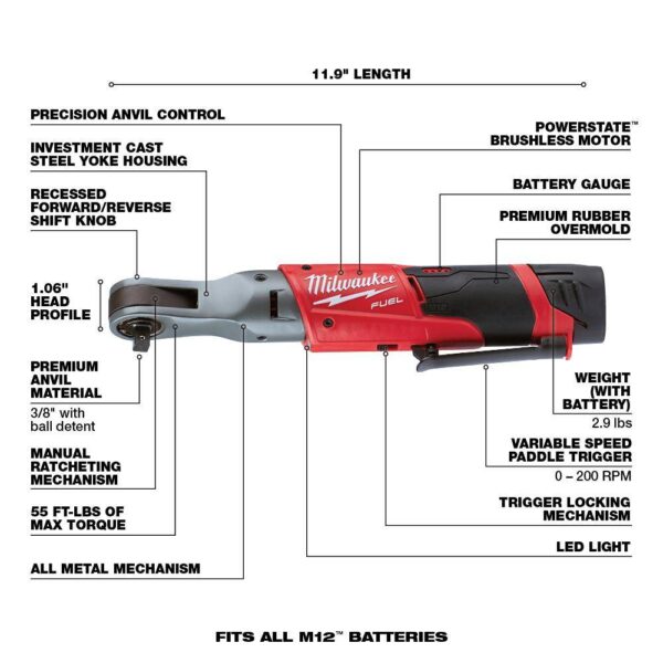 M12 FUEL 12V Lithium-Ion Brushless Cordless 3/8 in. Ratchet with M12 2.0Ah Battery - Image 3