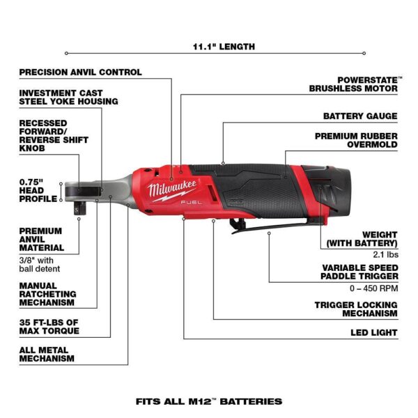 2567-22-49-66-7024 M12 FUEL 12V Cordless High Speed 3/8 in. Ratchet Kit w/Impact Duty 3/8 in. SAE Deep Impact Rated Socket Set(8-Piece) - Image 3