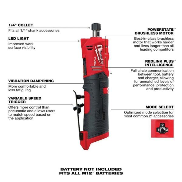 2486-20 M12 FUEL 12V Lithium-Ion Brushless Cordless 1/4 in. Straight Die Grinder (Tool-Only) - Image 12