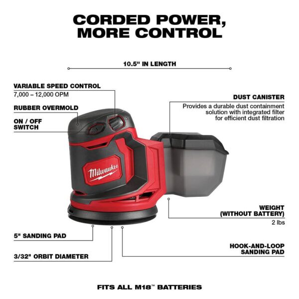 2648-20 M18 18V Lithium-Ion Cordless 5 in. Random Orbit Sander (Tool-Only) - Image 11