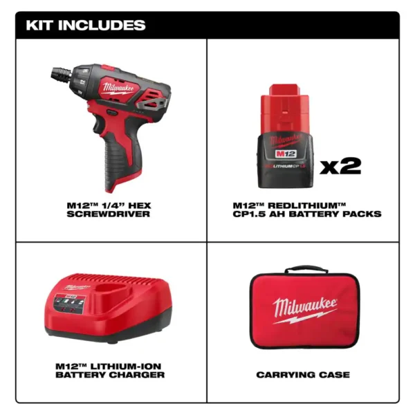 2401-22 M12 12V Lithium-Ion Cordless 1/4 in. Hex Screwdriver Kit with Two 1.5Ah Batteries, Charger and Tool Bag - Image 10