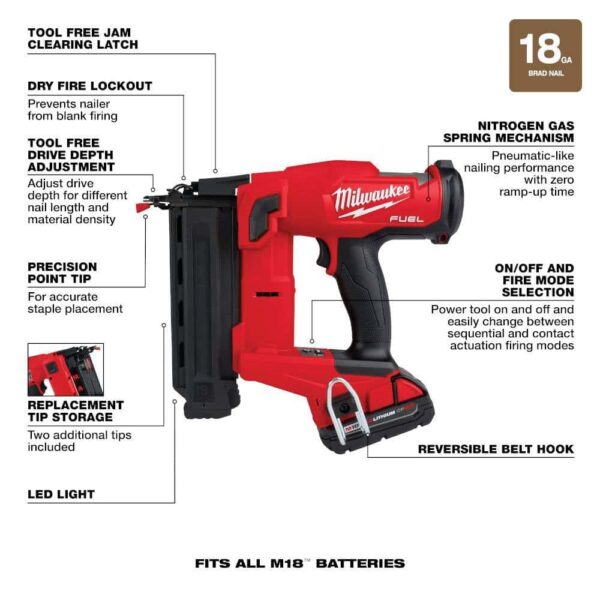 2746-21CT M18 FUEL GEN II 18-Volt 18-Gauge Lithium-Ion Brushless Cordless Brad Nailer Kit with One 2.0 Ah Battery, Charger and Bag - Image 4