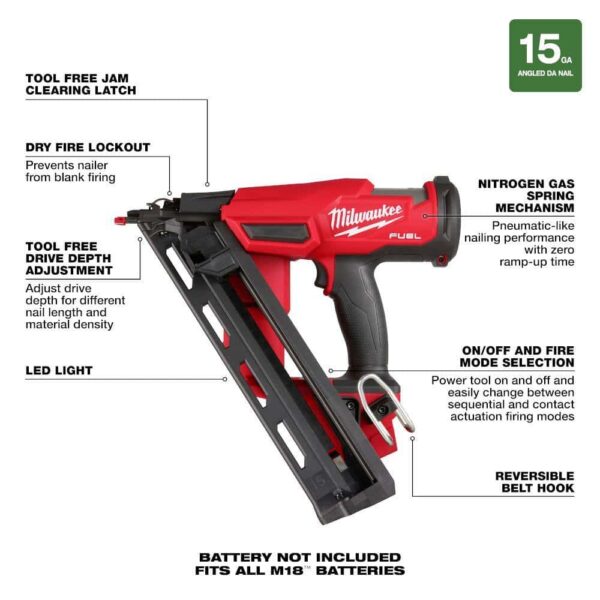 2839-20-48-11-1820 M18 FUEL 18 Volt Brushless Cordless Gen II 15-Gauge Angled Finish Nailer Tool Only   M18 18-Volt 2.0 Ah Compact Battery - Image 4