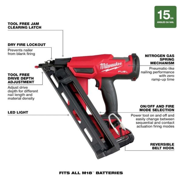 2839-21CT M18 FUEL 18-Volt Lithium-Ion Brushless Cordless Gen II 15-Gauge Angled Finish Nailer Kit with 2.0Ah Battery and Charger - Image 4