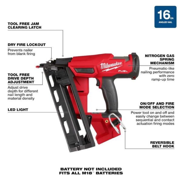2841-20-2626-20 M18 FUEL 18-Volt Lithium-Ion Brushless Cordless Gen II 16-Gauge Angled Nailer with M18 Oscillating Multi-Tool - Image 4