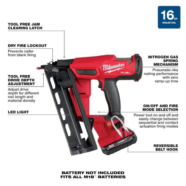 2841-21CT M18 FUEL 18-Volt Lithium-Ion Brushless Cordless Gen II 16-Gauge Angled Finish Nailer Kit with 2.0Ah Battery and Charger - Image 4