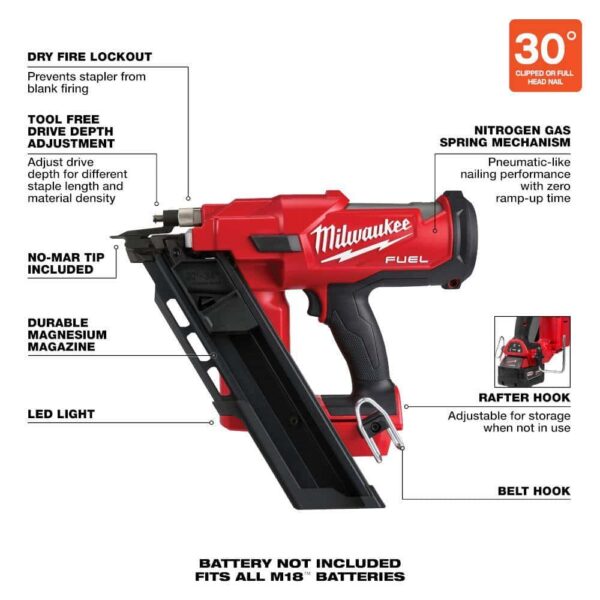 2745-20-48-73-2010 M18 FUEL 3-1/2 in. 18-Volt 30-Degree Brushless Cordless Framing Nailer with Clear Anti Scratch Safety Glasses - Image 4