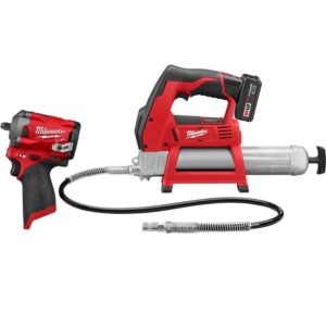 2446-21XC-2554-20 M12 12V Li-Ion Cordless Grease Gun Kit with Stubby 3/8 in. Impact Wrench, One 3.0 Ah Battery, Charger and Tool Bag