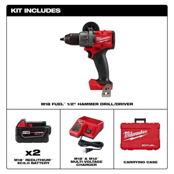 2904-22 M18 FUEL 18V Lithium-Ion Brushless Cordless 1/2 in. Hammer Drill Driver Kit with Two 5.0 Ah Batteries and Hard Case - Image 3