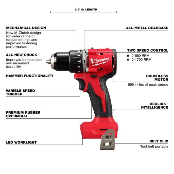 3602-20 M18 18V Lithium-Ion Brushless Cordless 1/2 in. Compact Hammer Drill/Driver (Tool-Only) - Image 3