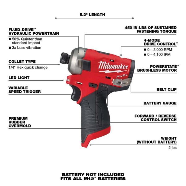2551-20-48-11-2425 M12 FUEL SURGE 12V Lithium-Ion Brushless Cordless 1/4 in. Hex Impact Driver w/High Output 2.5 Ah Battery - Image 3