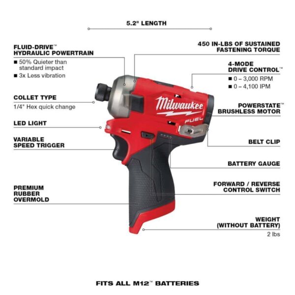 2551-22-2488-20 M12 FUEL SURGE 12-Volt Lithium-Ion 1/4 in. Cordless Hex Impact Driver Compact Kit with M12 Soldering Iron - Image 3