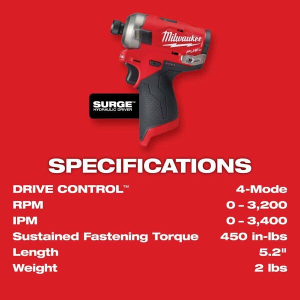 2551-22-2488-20 M12 FUEL SURGE 12-Volt Lithium-Ion 1/4 in. Cordless Hex Impact Driver Compact Kit with M12 Soldering Iron - Image 4