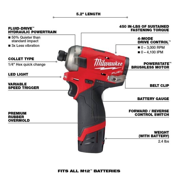 2551-22-2526-20-3404-20 M12 FUEL SURGE 12V Lithium-Ion Brushless Cordless 1/4 in. Impact Driver Compact Kit Multi-Tool   1/2 in. Hammer Drill - Image 4