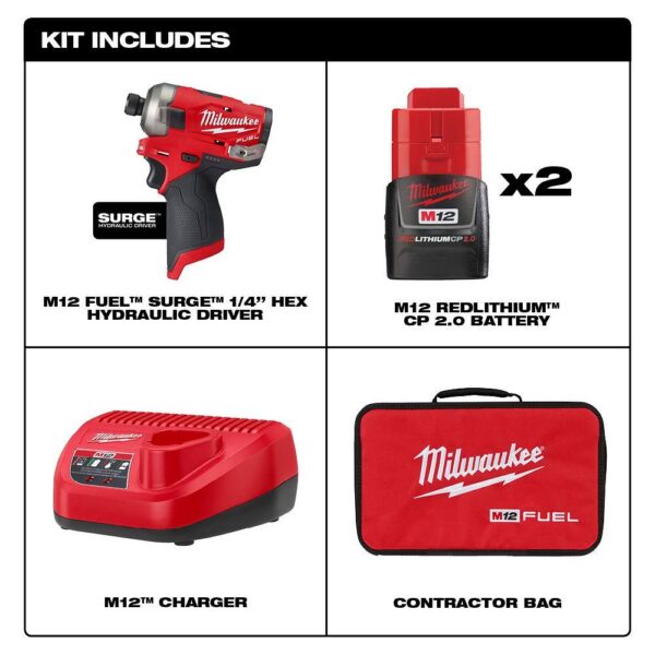 2551-22-2526-20-3404-20 M12 FUEL SURGE 12V Lithium-Ion Brushless Cordless 1/4 in. Impact Driver Compact Kit Multi-Tool   1/2 in. Hammer Drill - Image 2