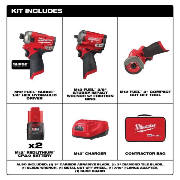 2551-22-2554-20-2522-20 M12 FUEL SURGE 12V Lithium-Ion Brushless Cordless 1/4  Hex Impact Driver Kit w/M12 FUEL Impact Wrench   Cutoff Saw - Image 2