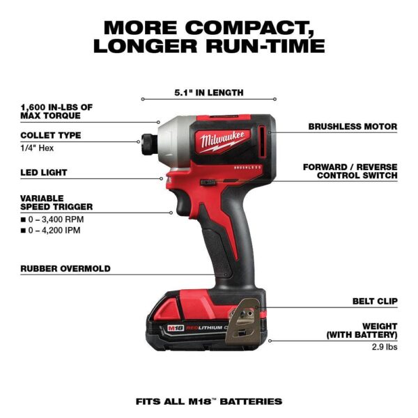 2850-22CT-48-11-1862 M18 18V Lithium-Ion Brushless Cordless 1/4 in. Impact Driver Kit with Two 2.0 Ah and Two 6.0Ah Batteries - Image 2
