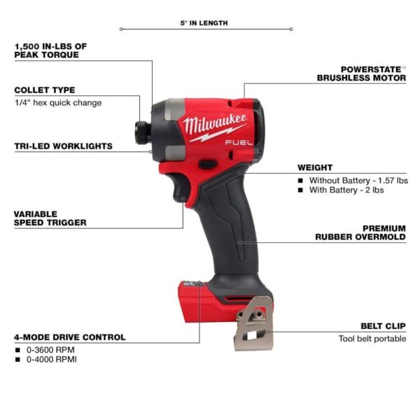 2953-20-2880-20 M18 FUEL 18-Volt Lithium-Ion Brushless Cordless 1/4 in. Hex Impact Driver and 4-1/2 in./5 in. Grinder with Paddle Switch - Image 3