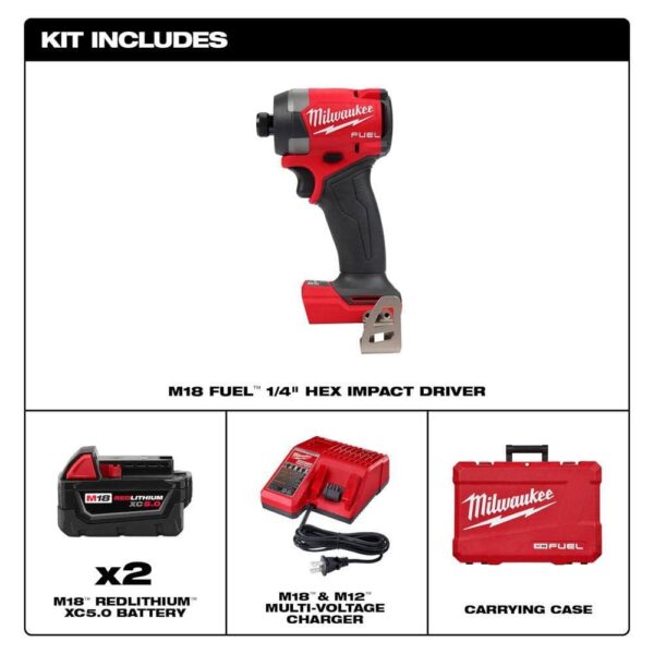 2953-22-48-11-1850 M18 Fuel 18-V Lithium-Ion Brushless Cordless 1/4 in. Hex Impact Driver Kit w/(3) 5.0 Ah Batteries, Charger   Hard Case - Image 3