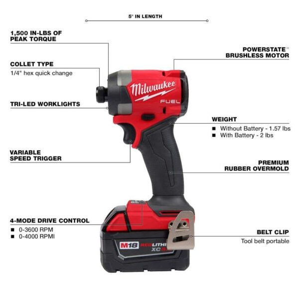 2953-22-48-11-1850 M18 Fuel 18-V Lithium-Ion Brushless Cordless 1/4 in. Hex Impact Driver Kit w/(3) 5.0 Ah Batteries, Charger   Hard Case - Image 4