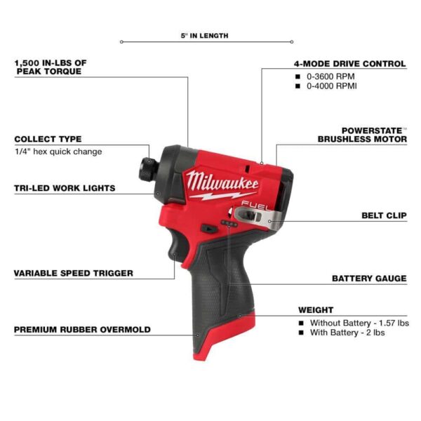 3453-20-3404-20-48-11-2425-48-11-2425 M12 FUEL 12V Lithium-Ion Brushless Cordless 1/4 in Impact Driver, 1/2 in Hammer Drill - Image 3