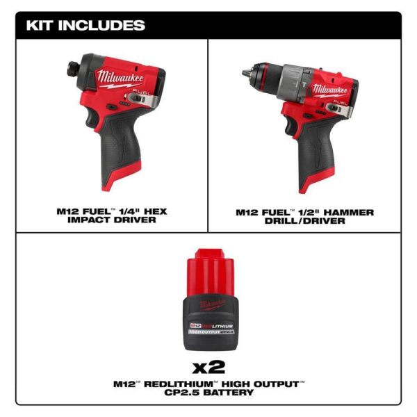3453-20-3404-20-48-11-2425-48-11-2425 M12 FUEL 12V Lithium-Ion Brushless Cordless 1/4 in Impact Driver, 1/2 in Hammer Drill - Image 2