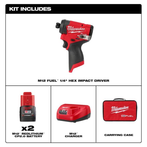 3453-22 M12 FUEL 12V Lithium-Ion Brushless Cordless 1/4 in. Hex Impact Driver Kit w/Two 2.0Ah Batteries, Charger Soft Case - Image 3