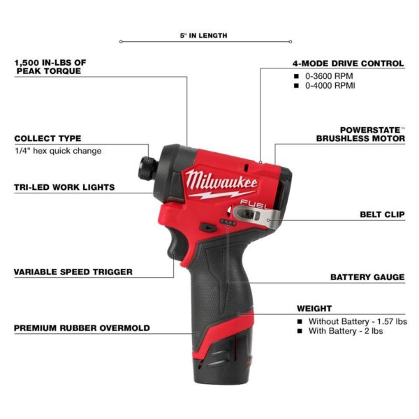 3453-22 M12 FUEL 12V Lithium-Ion Brushless Cordless 1/4 in. Hex Impact Driver Kit w/Two 2.0Ah Batteries, Charger Soft Case - Image 4