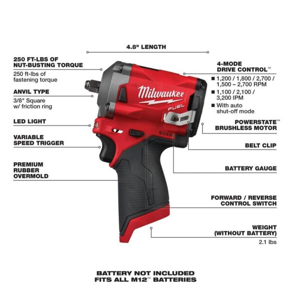 2554-20-2567-20 M12 FUEL 12V Lithium-Ion Brushless Cordless Stubby 3/8 in. Impact Wrench with 3/8 in. High Speed Ratchet - Image 3