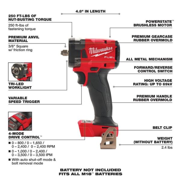 2854-20-2855-20 M18 FUEL Gen-2 18V Lithium-Ion Brushless Cordless 3/8 in.   1/2 in. Compact Impact Wrench with Friction Ring(2-Tool) - Image 3