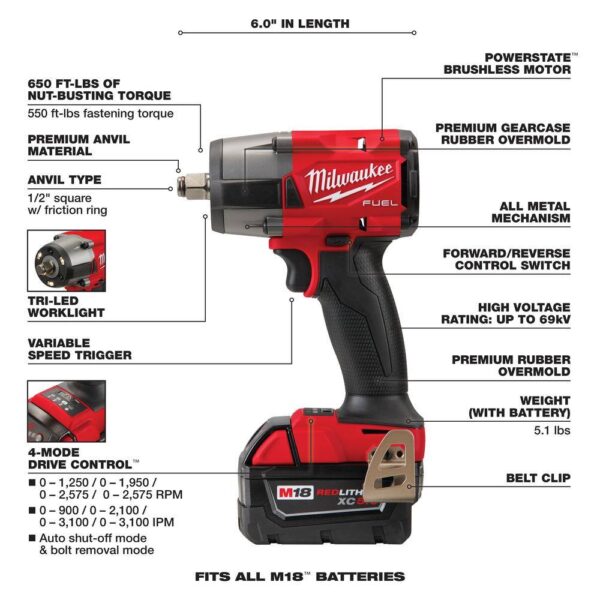 2962-20-48-11-1850 M18 FUEL Gen-2 18V Lithium-Ion Brushless Cordless Mid Torque 1/2 in. Impact Wrench with (1) 5.0 Ah Battery - Image 2