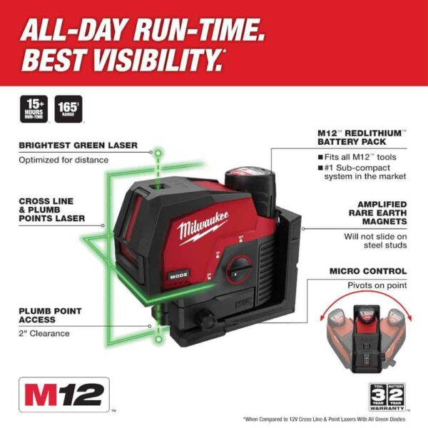 3622-20 M12 12-Volt Lithium-Ion Cordless Green 125 ft. Cross Line and Plumb Points Laser Level (Tool-Only) - Image 2