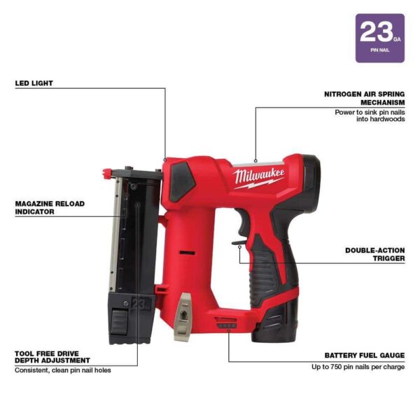 2540-21-2447-20 M12 12-Volt 23-Gauge Lithium-Ion Cordless Pin Nailer Kit with M12 12-Volt Lithium-Ion Cordless 3/8 in. Crown Stapler - Image 2