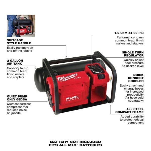 2840-20-48-73-2010 M18 FUEL 18-Volt Lithium-Ion Cordless 2 Gal. Compact Electric Quiet Air Compressor (Tool-Only) w/Clear Safety Glasses - Image 2