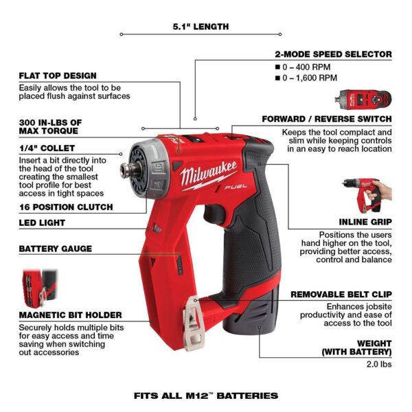 2505-22-2540-20 M12 FUEL 12V Cordless 4-in-1 Installation 3/8 in. Drill Driver Kit with M12 23-Gauge Lithium-Ion Cordless Pin Nailer - Image 3