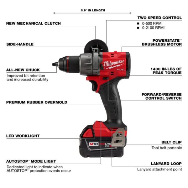 2903-22 M18 FUEL 18V Lithium-Ion Brushless Cordless 1/2 in. Drill/Driver Kit W/(2) 5.0Ah Batteries, Charger, and Hard Case - Image 4