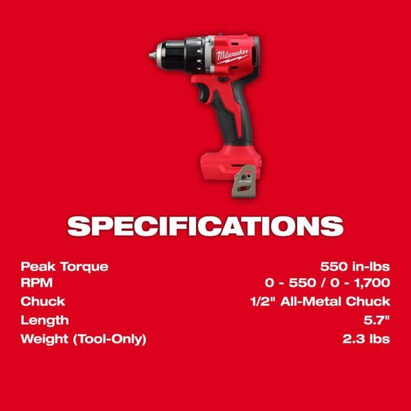 3601-20-48-59-1850 M18 18V Lithium-Ion Brushless Cordless 1/2 in. Compact Drill/Driver with M18 5.0Ah Battery and Charger - Image 5