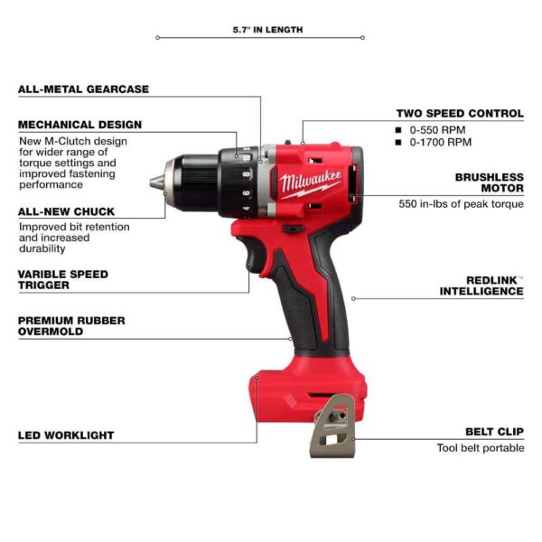 3601-20-48-59-1850 M18 18V Lithium-Ion Brushless Cordless 1/2 in. Compact Drill/Driver with M18 5.0Ah Battery and Charger - Image 4