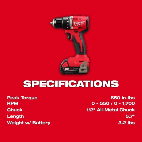 3601-21P M18 18V Lithium-Ion Brushless Cordless 1/2 in. Compact Drill/Driver with One 2.0 Ah Battery, Charger and Tool Bag - Image 5