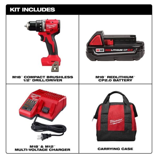 3601-21P M18 18V Lithium-Ion Brushless Cordless 1/2 in. Compact Drill/Driver with One 2.0 Ah Battery, Charger and Tool Bag - Image 3
